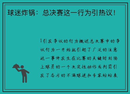 球迷炸锅：总决赛这一行为引热议！
