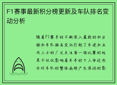 F1赛事最新积分榜更新及车队排名变动分析 F1赛事最新积分榜更新及车队排名变动分析